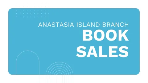 A bright blue graphic with the words "Anastasia Island Branch Book Sales"