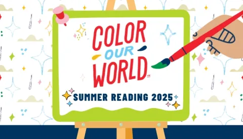A hand holding a paintbrush to a canvas that reads "Color Our World Summer Reading 2025". The background it full of colorful stencil art.